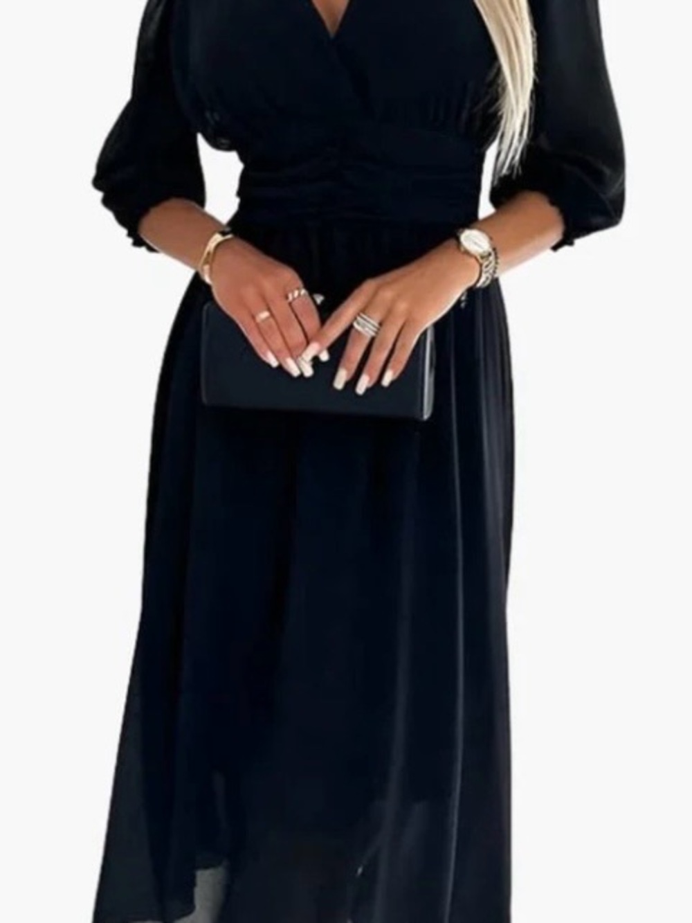 Elegant Black V-Neck Long Sleeve Maxi Dress